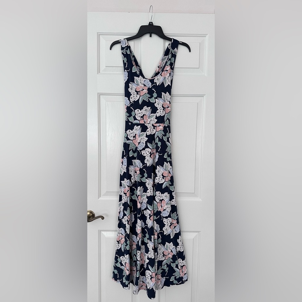 Pact Navy and Pink Floral maxi Dress.  Cross strap back. Built in shelf bra.